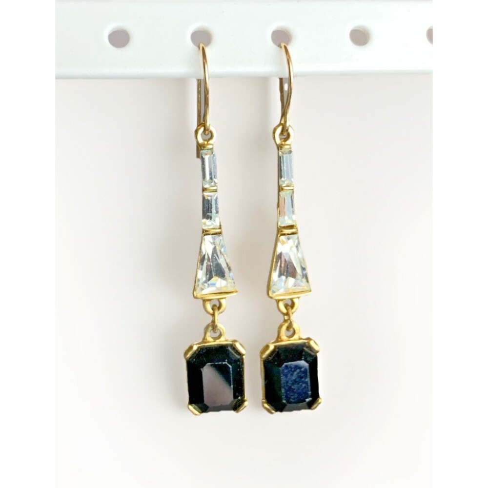 Vintage Trifari Black & Clear Rhinestone Dangle Earrings Gold Tone Drops
